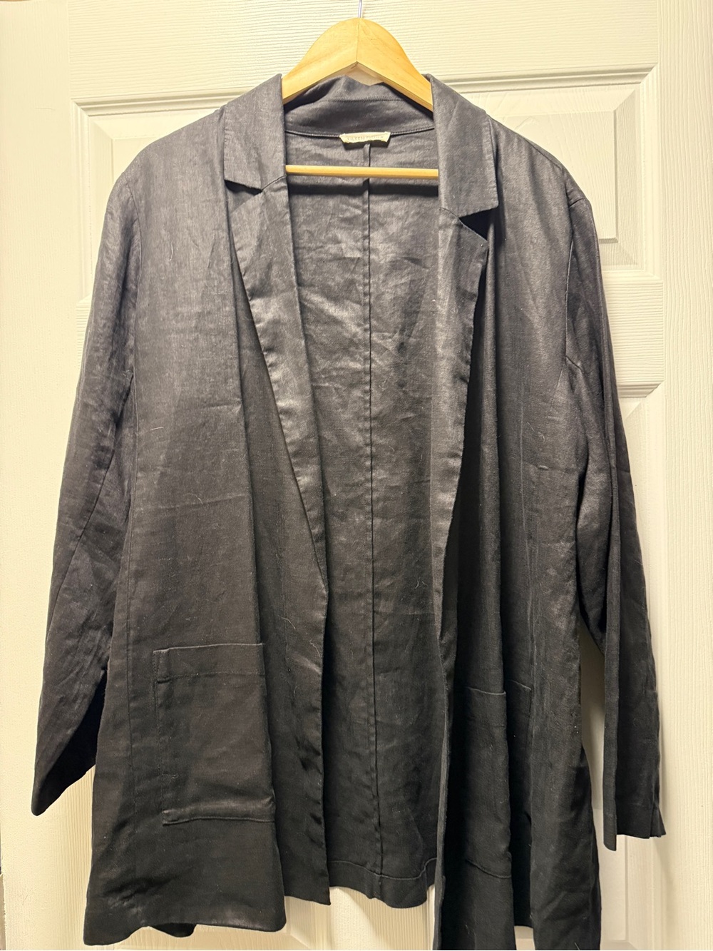 Eileen Fisher Black Open-Front Lightweight blazer jacket  organic linen